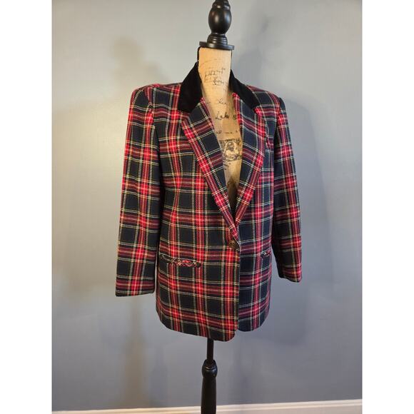Vtg blazer sag harbor tartan plaid wool blend velvet holiday red green 10P - Picture 1 of 6